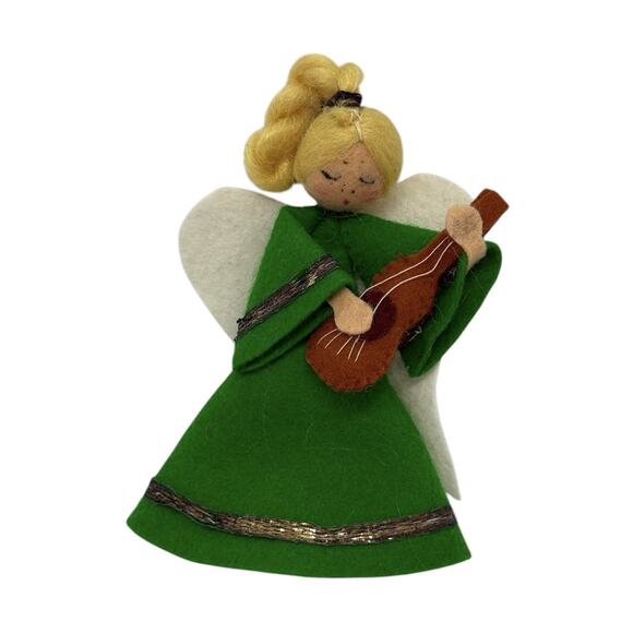 Handmade Other - Vintage Handmade Felt Blond Angel Ornament Playing String Guitar Green Dress